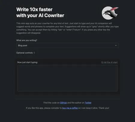 Screenshot of the site of AI Cowriter
