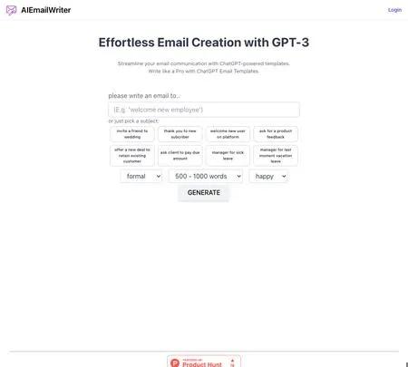 Screenshot of the site of AI Email Writer