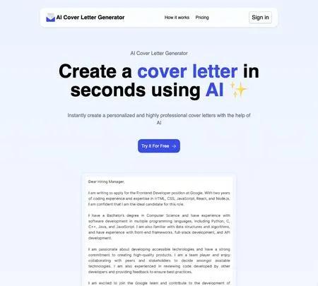 Screenshot of the site of AI Cover Letter Generator