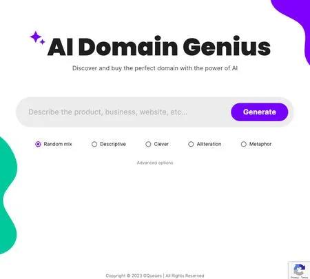 Screenshot of the site of AI Domain Genius
