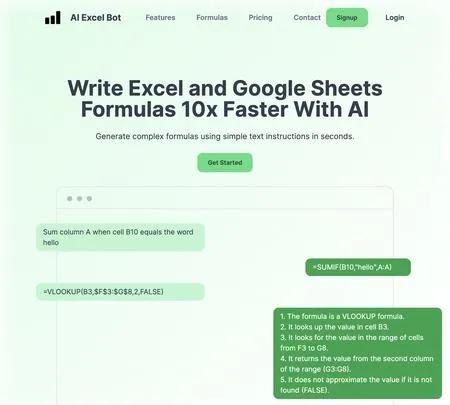 Screenshot of the site of AI Excel Bot