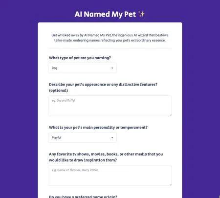 Screenshot of the site of AI Named My Pet