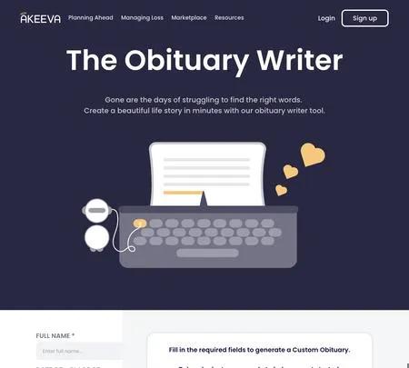 Screenshot of the site of Obituary Writer