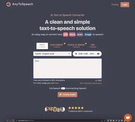 Screenshot of the site of AnyToSpeech