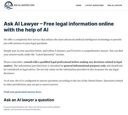 Screenshot of the site of Askailawyer