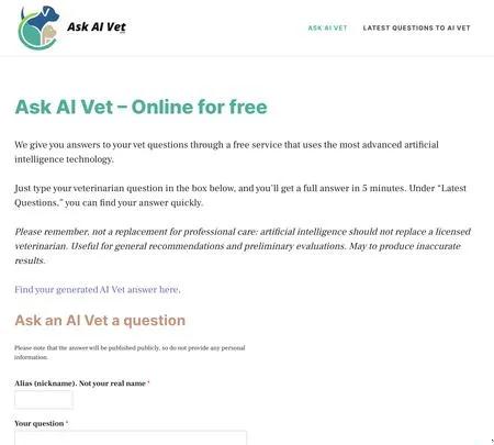 Screenshot of the site of Ask AI Vet
