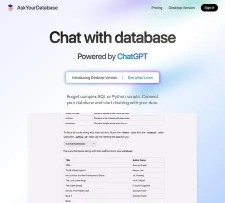 Screenshot of the site of AskYourDatabase