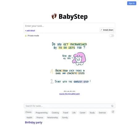 Screenshot of the site of BabyStep