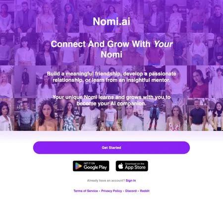 Screenshot of the site of Nomi AI