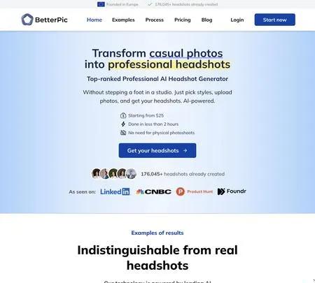 Screenshot of the site of BetterPic | AI Headshots