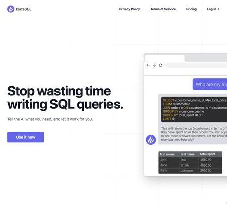 Screenshot of the site of BlazeSQL