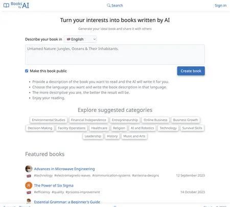 Screenshot of the site of Books by AI