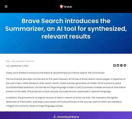 Screenshot of the site of The Brave Summarizer