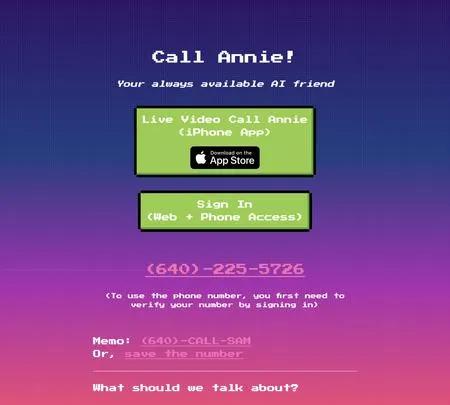 Screenshot of the site of Call Annie