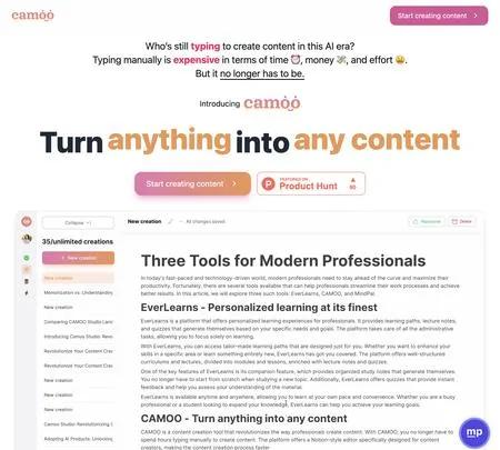 Screenshot of the site of Camoo