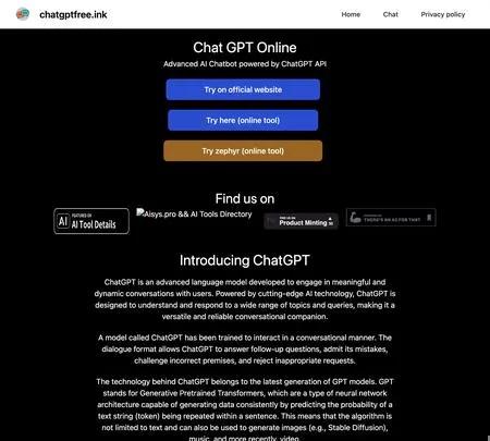 Screenshot of the site of Chatgptfree