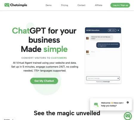 Screenshot of the site of Chatsimple AI Sales Chatbot