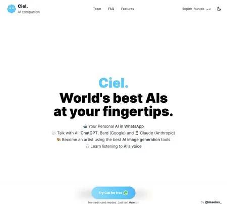 Screenshot of the site of Ciel Chat