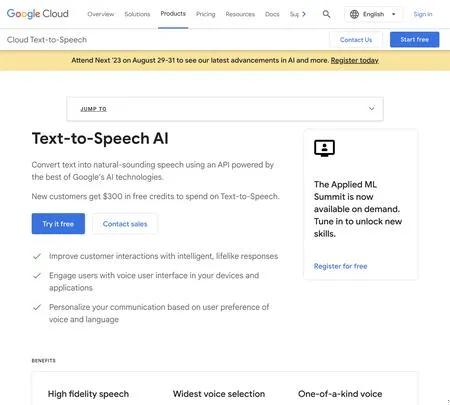 Screenshot of the site of Google text to speech