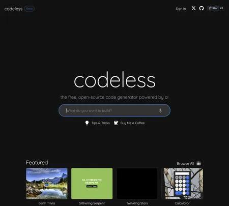 Screenshot of the site of CodelessAI
