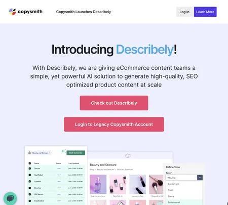 Screenshot of the site of Copysmith Describely