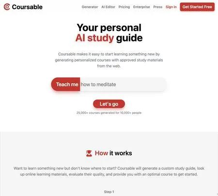 Screenshot of the site of Coursable