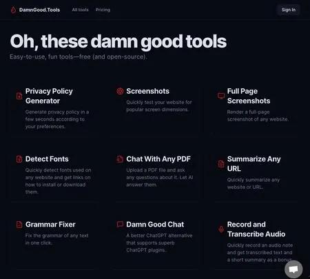 Screenshot of the site of Damn Good Tools