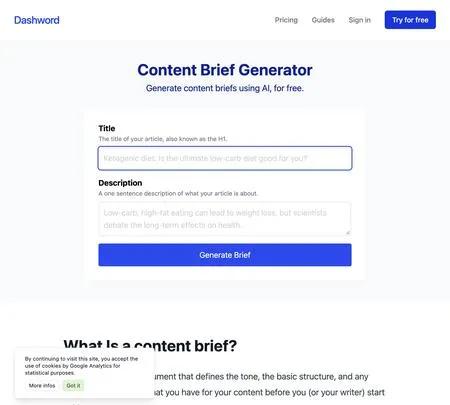 Screenshot of the site of Content brief generator