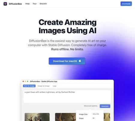 Screenshot of the site of DiffusionBee