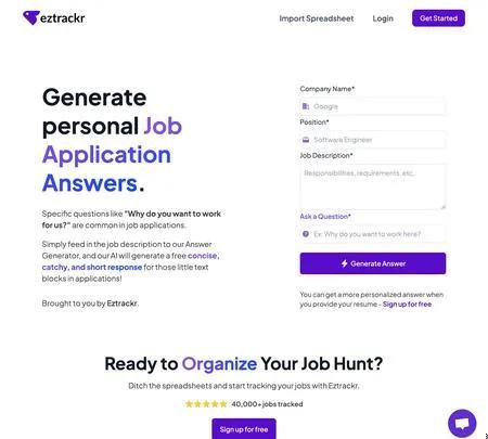 Screenshot of the site of Eztrackr
