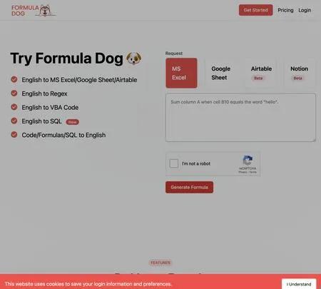 Screenshot of the site of Formula Dog