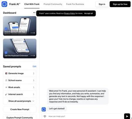 Screenshot of the site of Frank AI