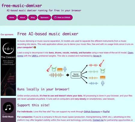 Screenshot of the site of Free Music Demixer