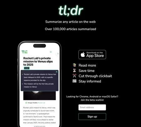 Screenshot of the site of tl;dr AI Summarizer