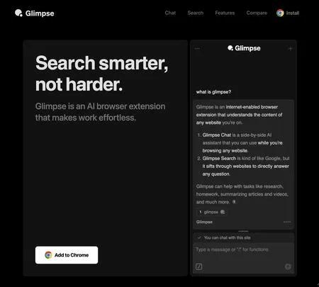 Screenshot of the site of Glimpse