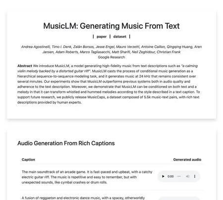 Screenshot of the site of MusicLM