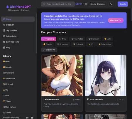 Screenshot of the site of GirlfriendGPT