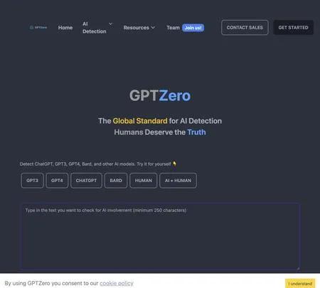 Screenshot of the site of GPTZero