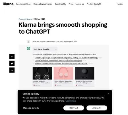 Screenshot of the site of Klarna ChatGPT Plugin