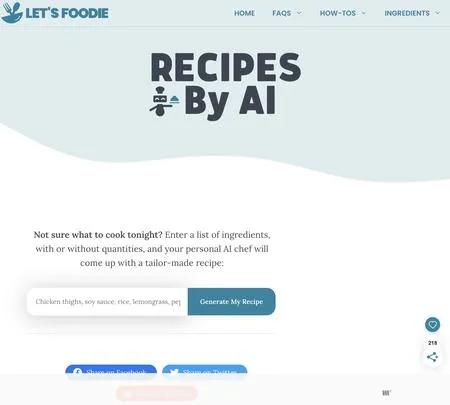 Screenshot of the site of Recipes By AI