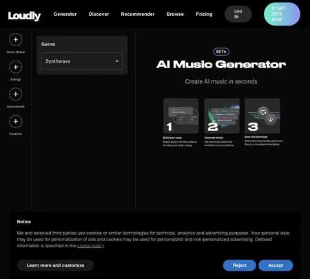 Screenshot of the site of AI Music Generator