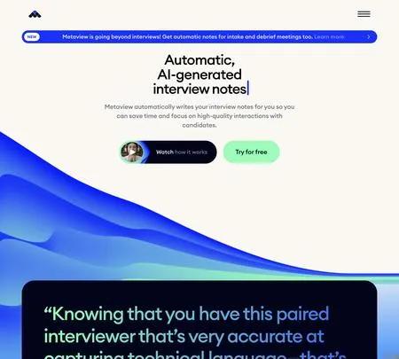 Screenshot of the site of Metaview