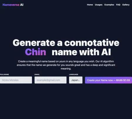 Screenshot of the site of Nameverse AI