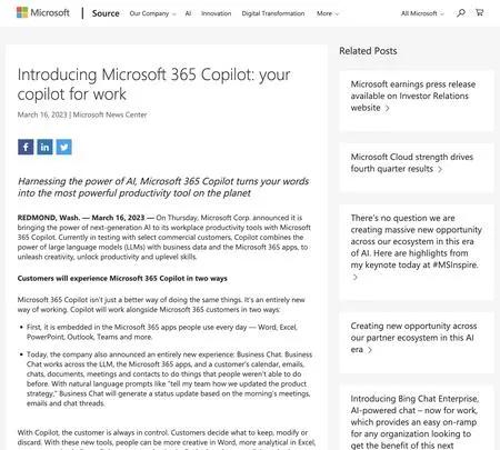 Screenshot of the site of Microsoft 365 Copilot