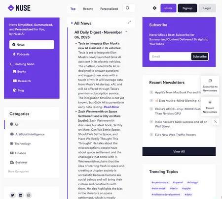 Screenshot of the site of Nuse