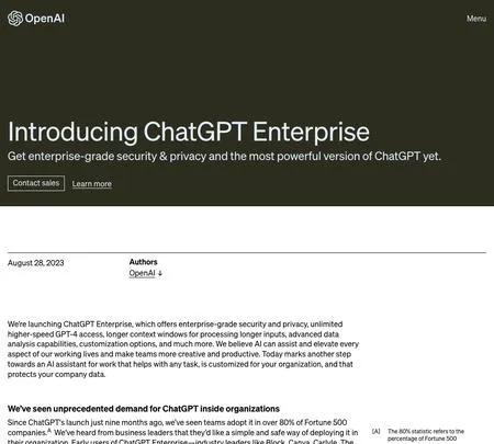 Screenshot of the site of ChatGPT Enterprise