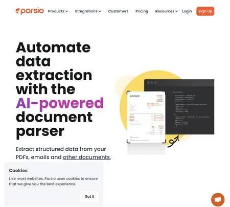 Screenshot of the site of Parsio
