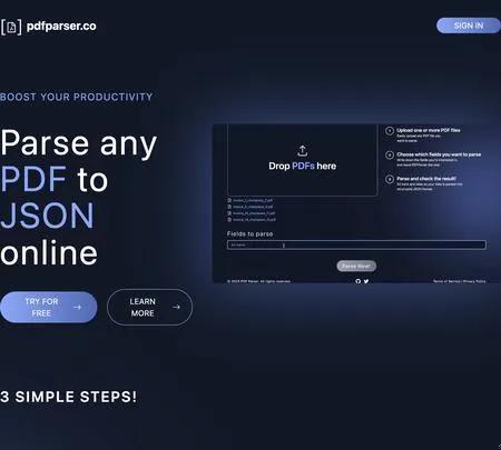 Screenshot of the site of PDF Parser