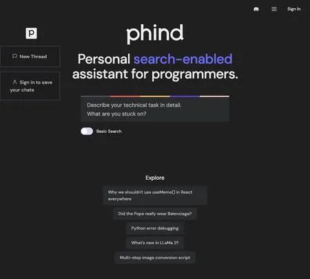 Screenshot of the site of Phind