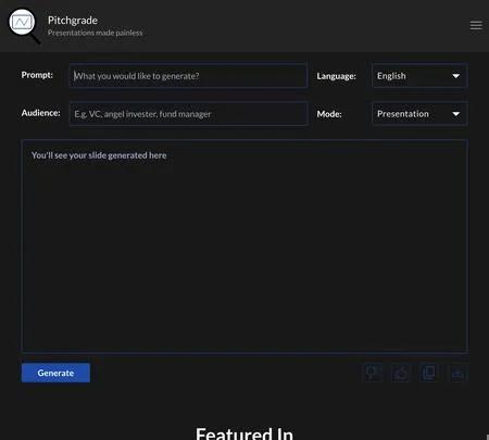 Screenshot of the site of Pitchgrade
